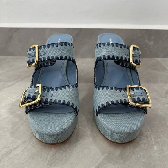 NWOT Women’s Marc Fisher Dalen Block Heel Slip On Denim Buckle Sandals Size 10 - Picture 2 of 13